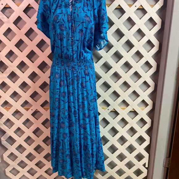 Destination 365 Printed Short Sleeve Smocked Midi Dress Turquoise Floral XL - Picture 2 of 7